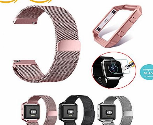 Chok Idea Fitbit Blaze Strap Band Replacement [With 2x Tempered Glass Screen Protector], Metal Frame Housing   Magnet Lock Milanese Loop Stainless Steel Bracelet Strap Band for Fitbit Blaze (5.5``-6.7``